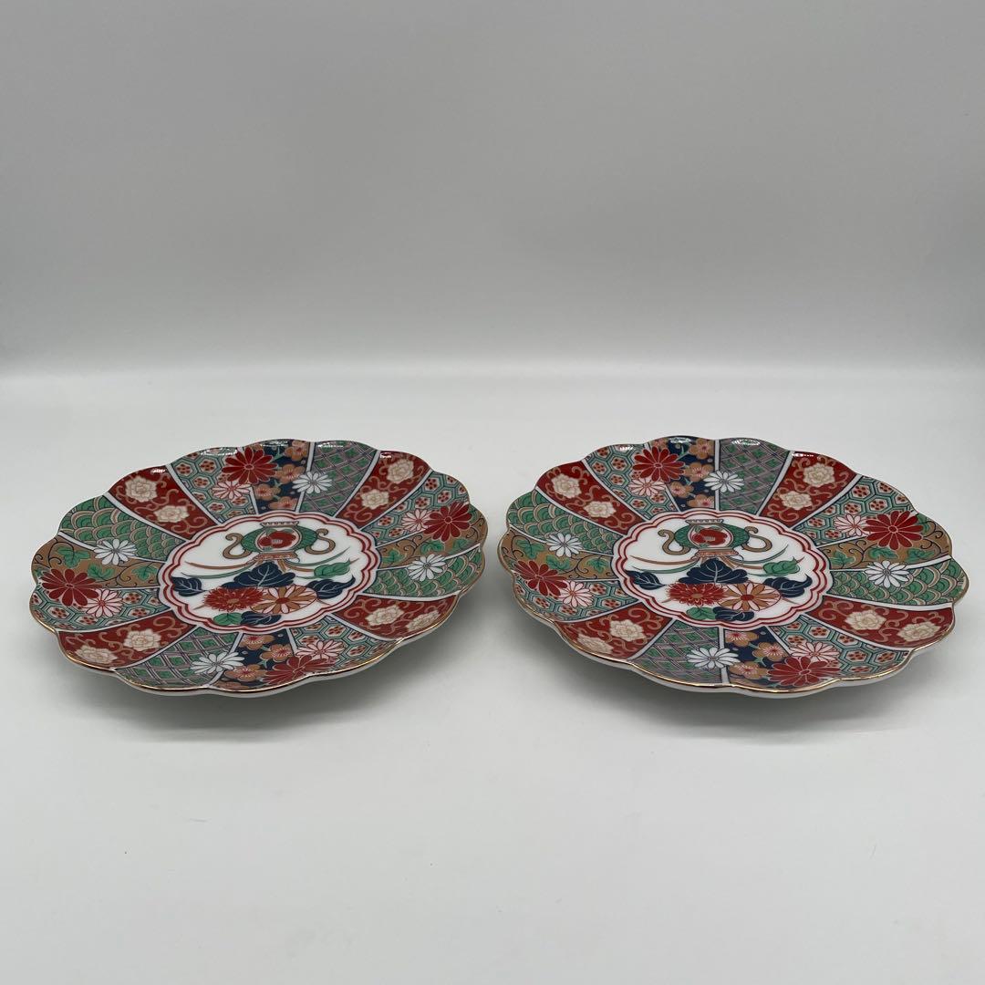 未使用 有田焼 陶扇菊割皿5枚セット 陶扇 田扇 菊割皿 錦絵 金彩 古伊万里