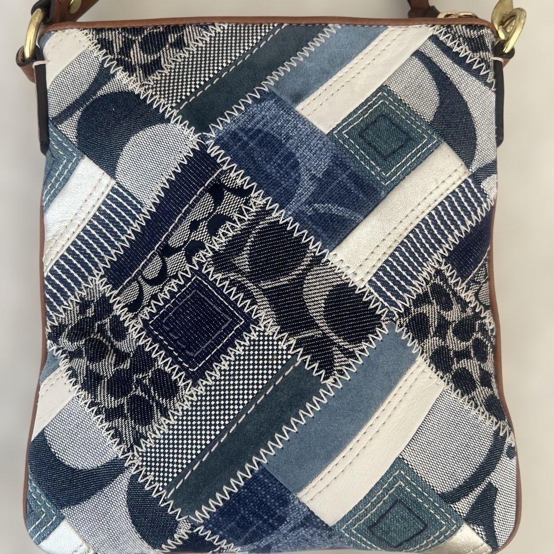 美品　コーチ ショルダーバッグ パッチワーク デニム キャンバス レザー ブルー