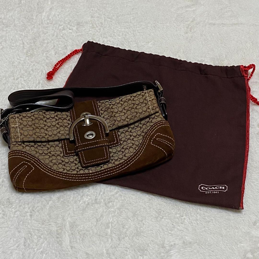 【保存袋付】COACH コーチ シグネチャー スエード ショルダーバッグ 茶色