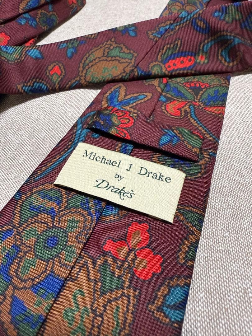 【美品】Drake's／ドレイクス／プリントタイ／花柄／ボタニカル／バーガンディ