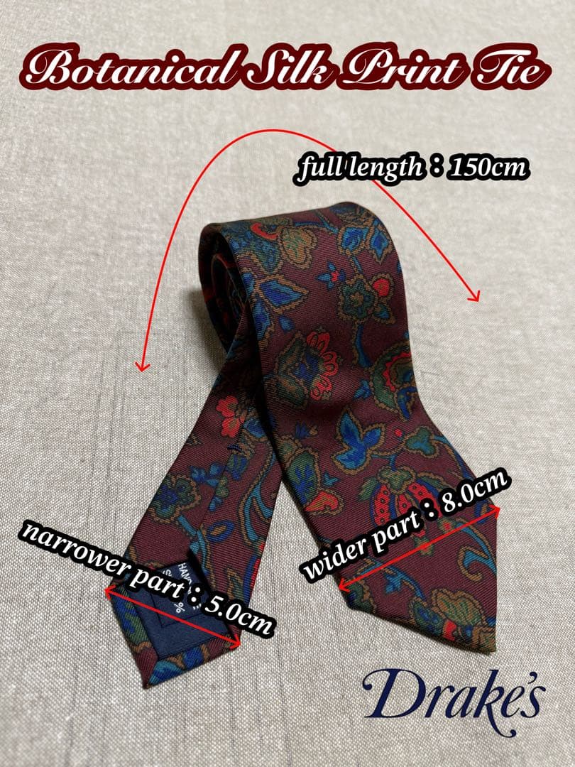 【美品】Drake's／ドレイクス／プリントタイ／花柄／ボタニカル／バーガンディ