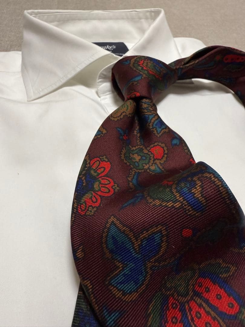 【美品】Drake's／ドレイクス／プリントタイ／花柄／ボタニカル／バーガンディ