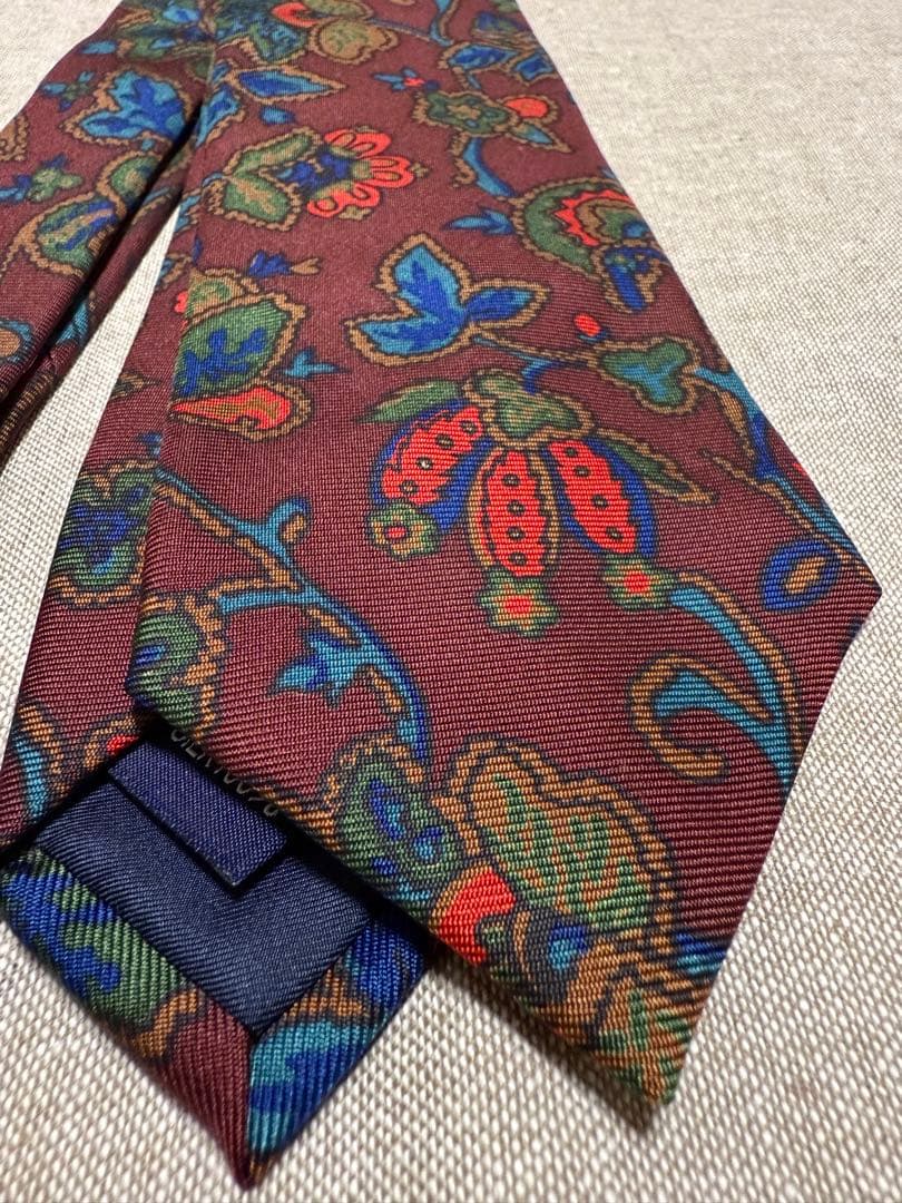 【美品】Drake's／ドレイクス／プリントタイ／花柄／ボタニカル／バーガンディ