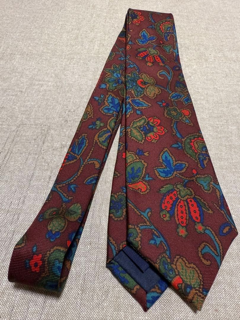 【美品】Drake's／ドレイクス／プリントタイ／花柄／ボタニカル／バーガンディ