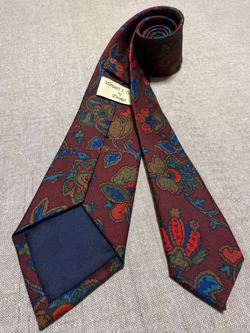 【美品】Drake's／ドレイクス／プリントタイ／花柄／ボタニカル／バーガンディ