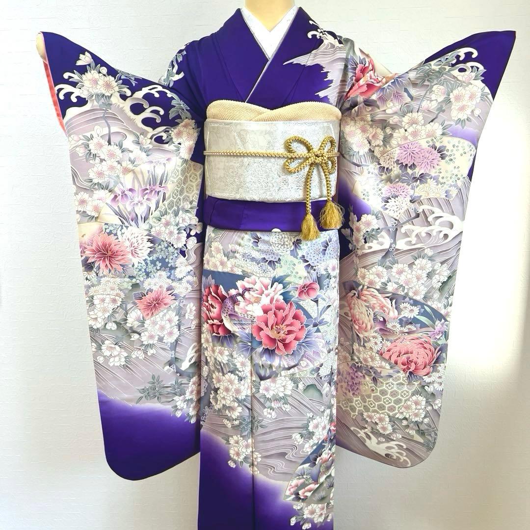 479 振袖フルセット 正絹 青紫 ピンク 金彩 暈し染め 華やか 地紙 立波