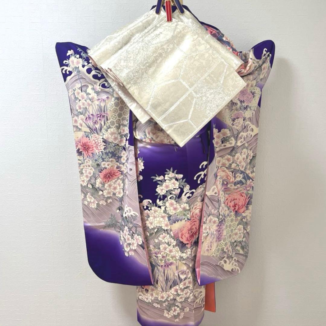 479 振袖フルセット 正絹 青紫 ピンク 金彩 暈し染め 華やか 地紙 立波