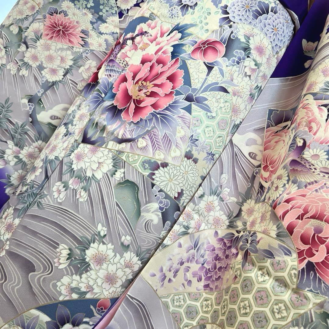 479 振袖フルセット 正絹 青紫 ピンク 金彩 暈し染め 華やか 地紙 立波