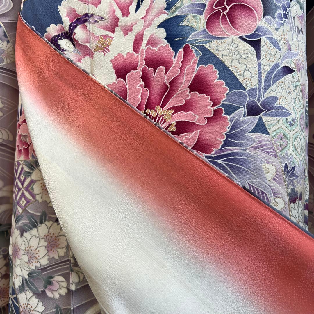 479 振袖フルセット 正絹 青紫 ピンク 金彩 暈し染め 華やか 地紙 立波