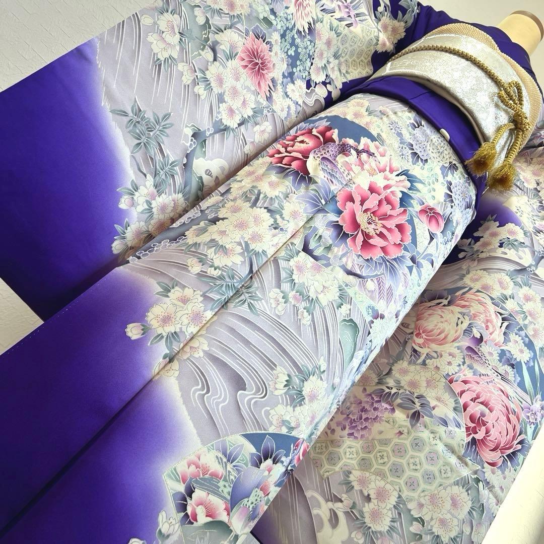479 振袖フルセット 正絹 青紫 ピンク 金彩 暈し染め 華やか 地紙 立波