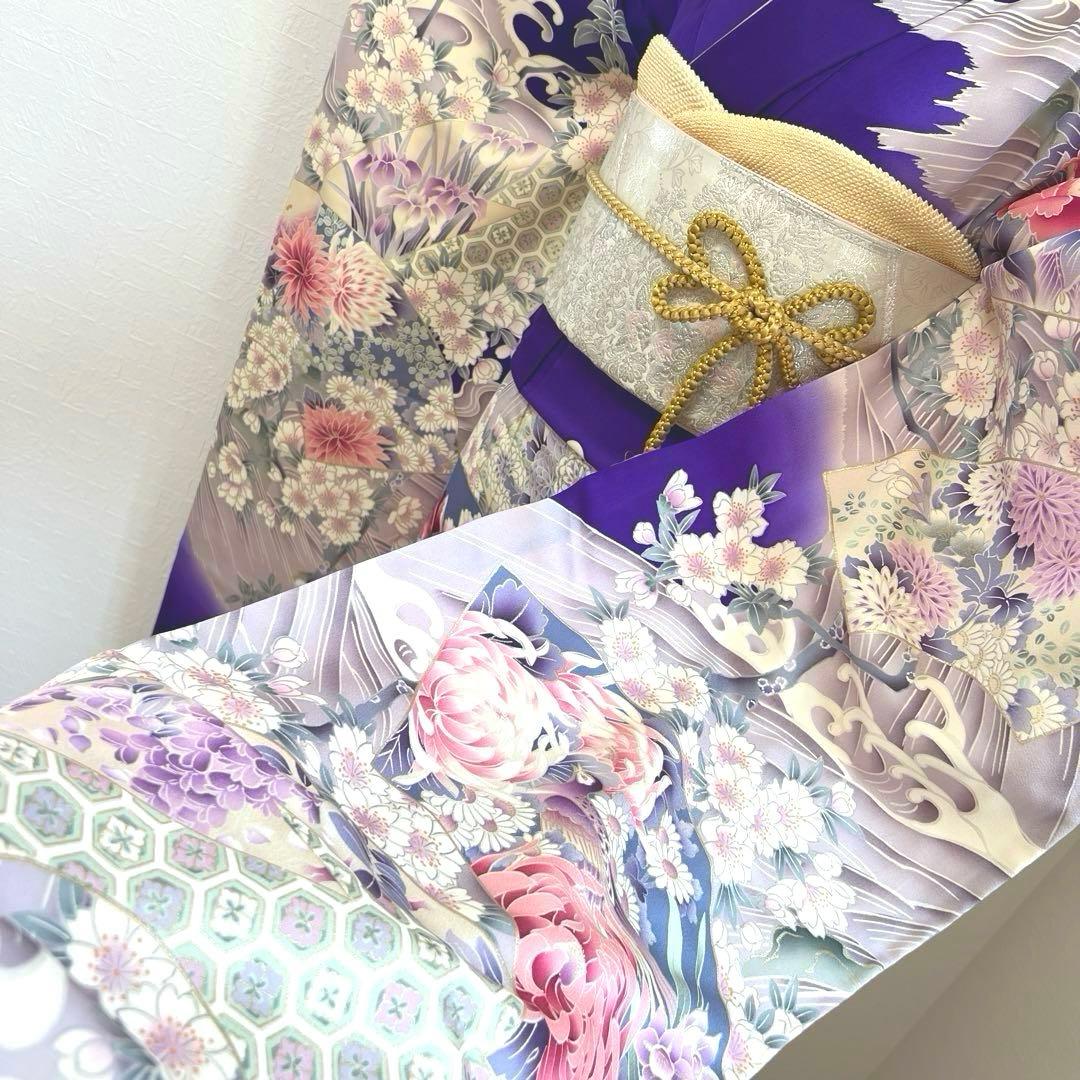 479 振袖フルセット 正絹 青紫 ピンク 金彩 暈し染め 華やか 地紙 立波