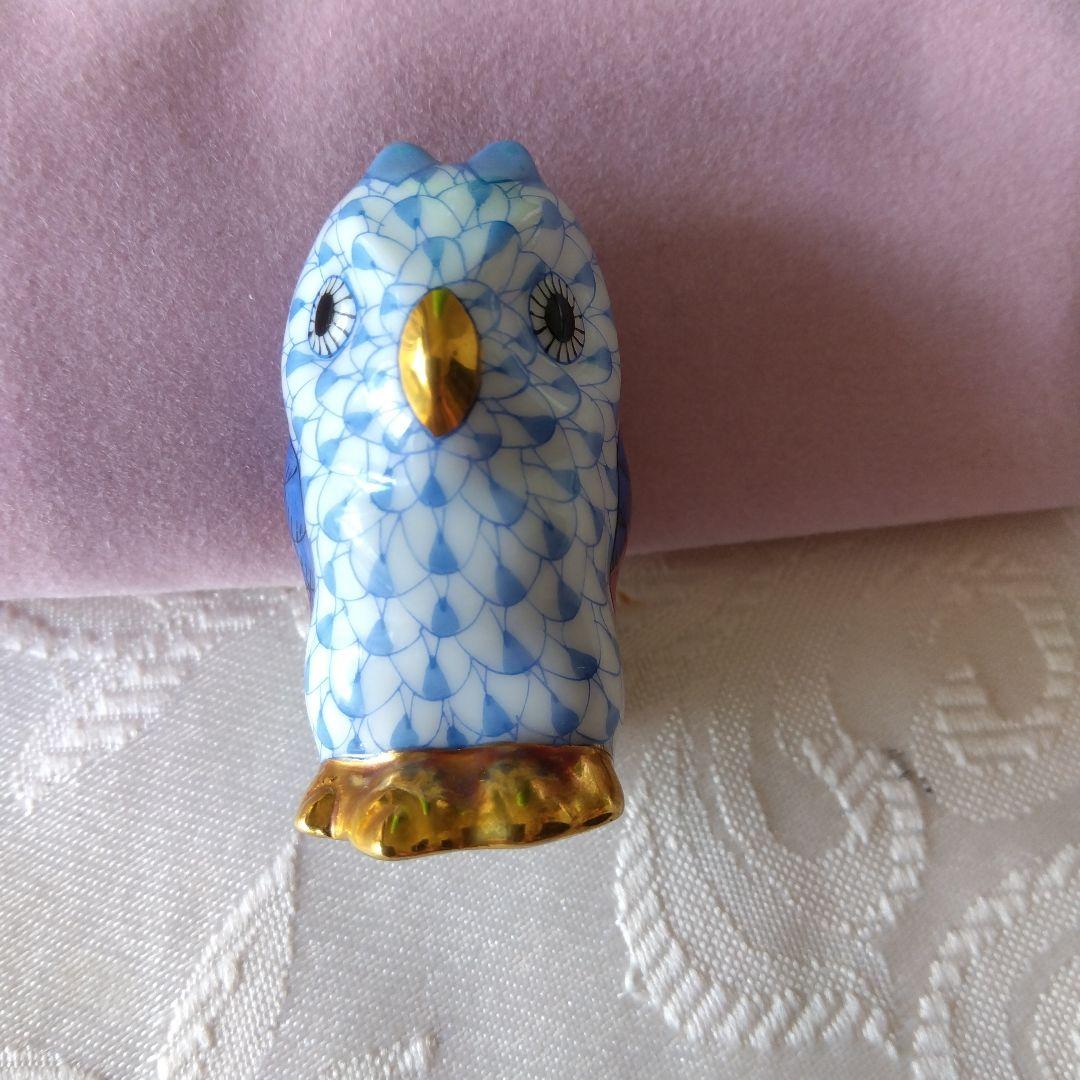 ヘレンド社青と白のフクロウ 陶磁器オブジェ