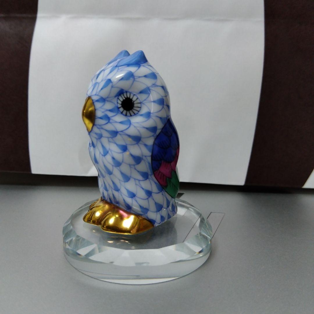 ヘレンド社青と白のフクロウ 陶磁器オブジェ