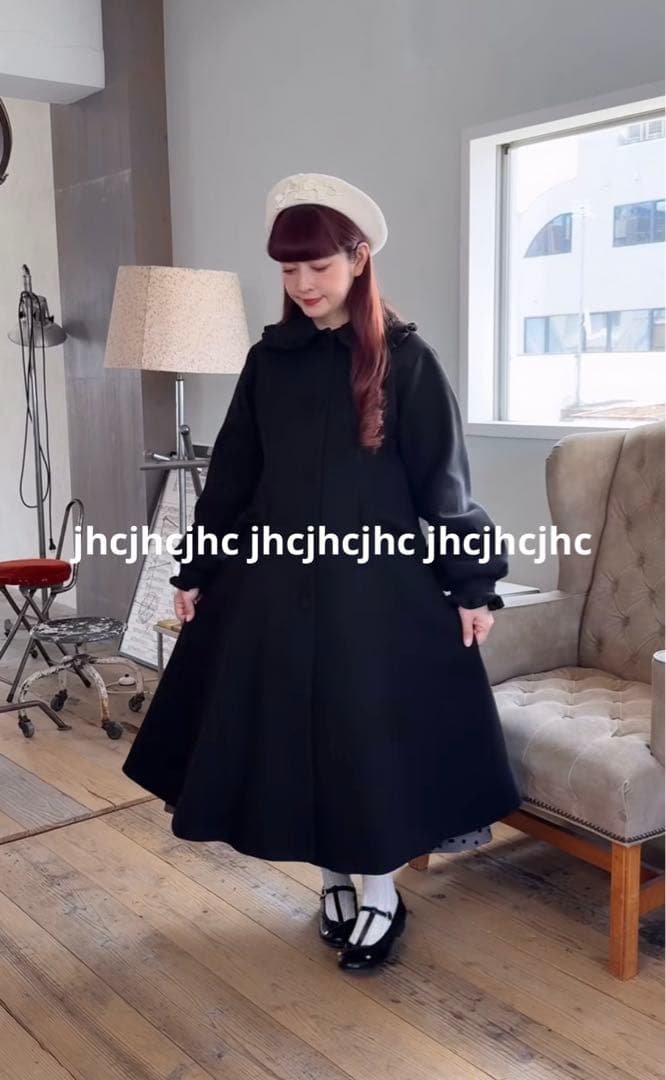 しまむら×青木美沙子　ロングフレアコート　黒　LL　しまみさ　リボン