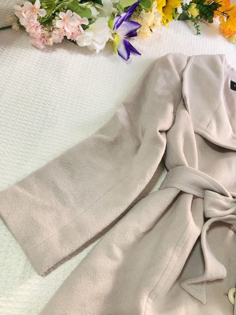 INDIVI上品アンゴラ羊毛混ロングコートポケットベルト付き美品大きめ日本製