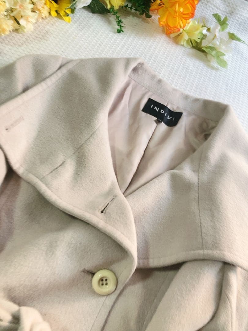 INDIVI上品アンゴラ羊毛混ロングコートポケットベルト付き美品大きめ日本製