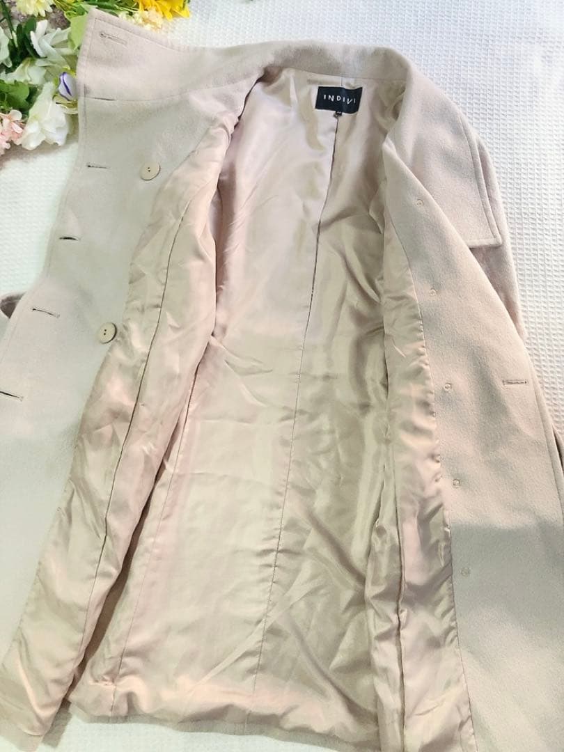 INDIVI上品アンゴラ羊毛混ロングコートポケットベルト付き美品大きめ日本製