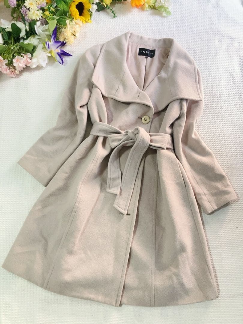 INDIVI上品アンゴラ羊毛混ロングコートポケットベルト付き美品大きめ日本製