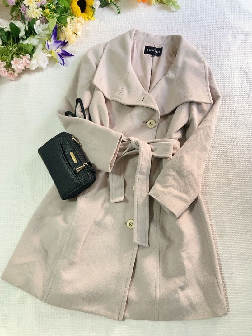 INDIVI上品アンゴラ羊毛混ロングコートポケットベルト付き美品大きめ日本製