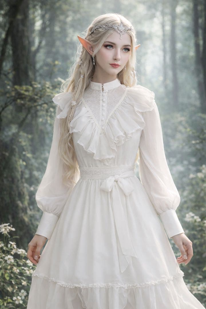 【Abilletage】ホワイト フリル ロングワンピース｜エルフヴィンテージ風