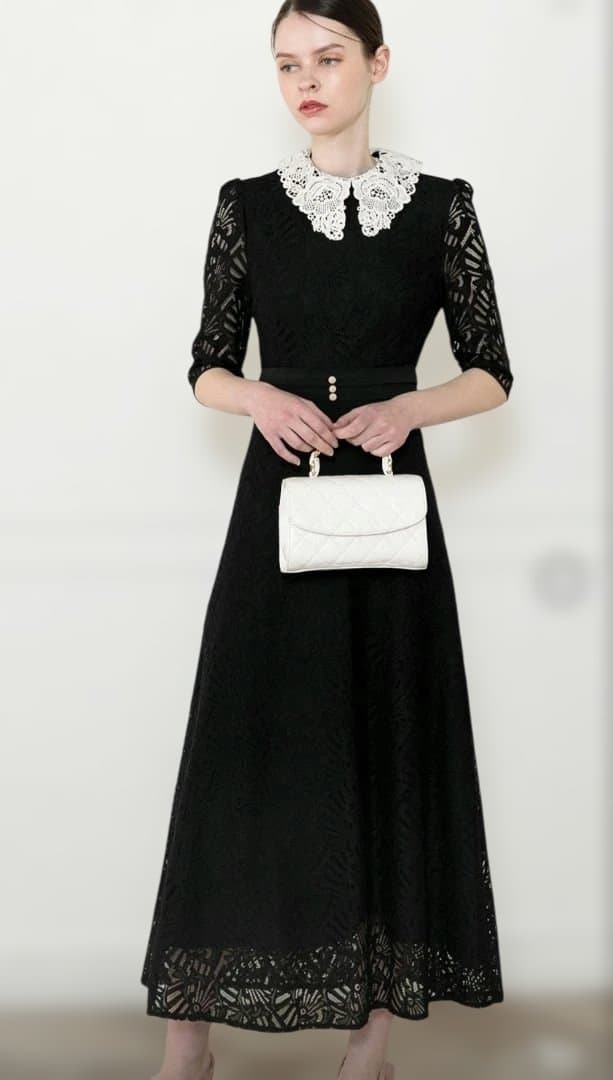 美品　レジャ　レース付きブラック パーティー ドレス　M　LEJA