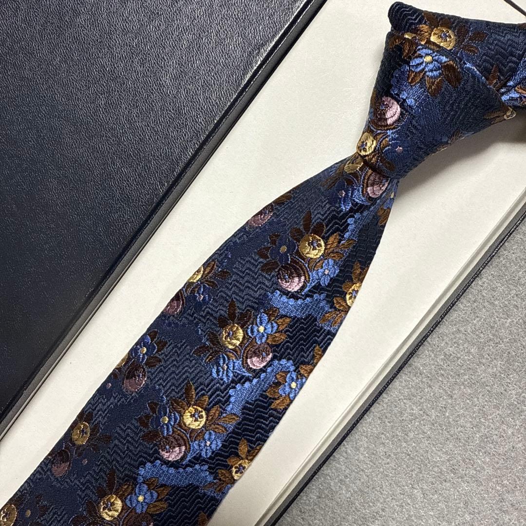 極美品　ポールスミス　ネクタイ　紺　花柄　刺繍　シルクジャガード