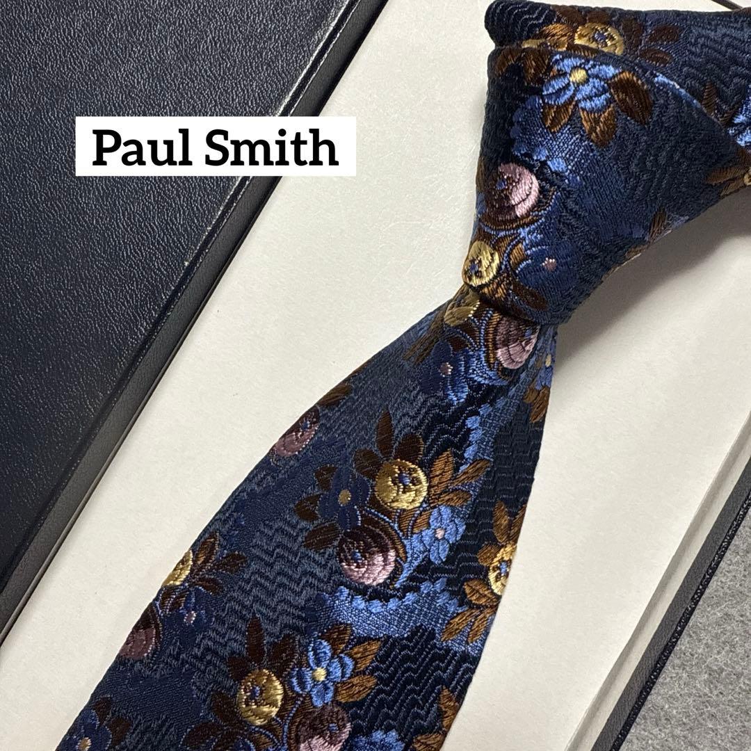 極美品　ポールスミス　ネクタイ　紺　花柄　刺繍　シルクジャガード