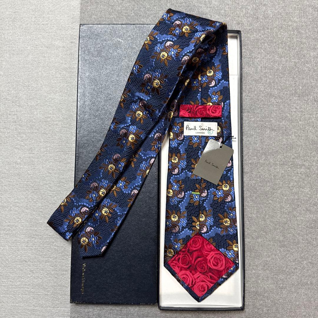 極美品　ポールスミス　ネクタイ　紺　花柄　刺繍　シルクジャガード