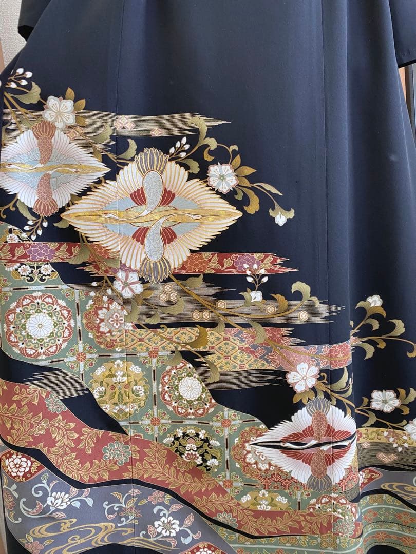 留袖ワンピース　留袖ドレス　着物リメイクロングワンピース　ハンドメイド　黒留袖