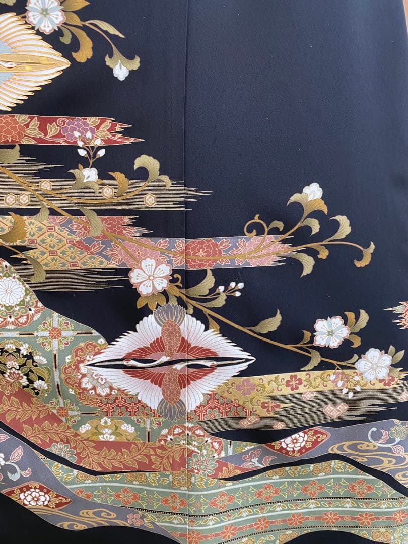 留袖ワンピース　留袖ドレス　着物リメイクロングワンピース　ハンドメイド　黒留袖