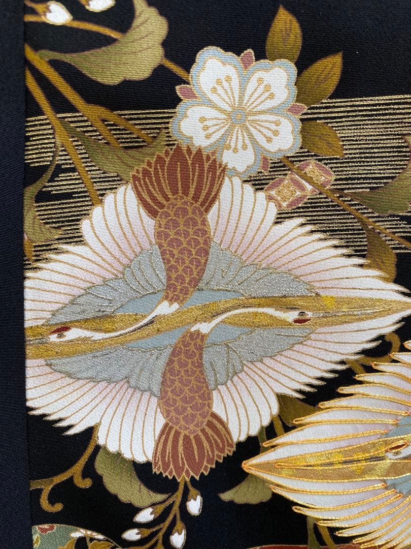 留袖ワンピース　留袖ドレス　着物リメイクロングワンピース　ハンドメイド　黒留袖