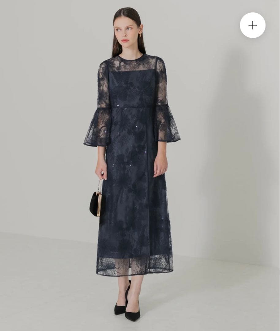 Leja スパンコールレーススリーブIラインロングワンピースドレス　現物写真あり