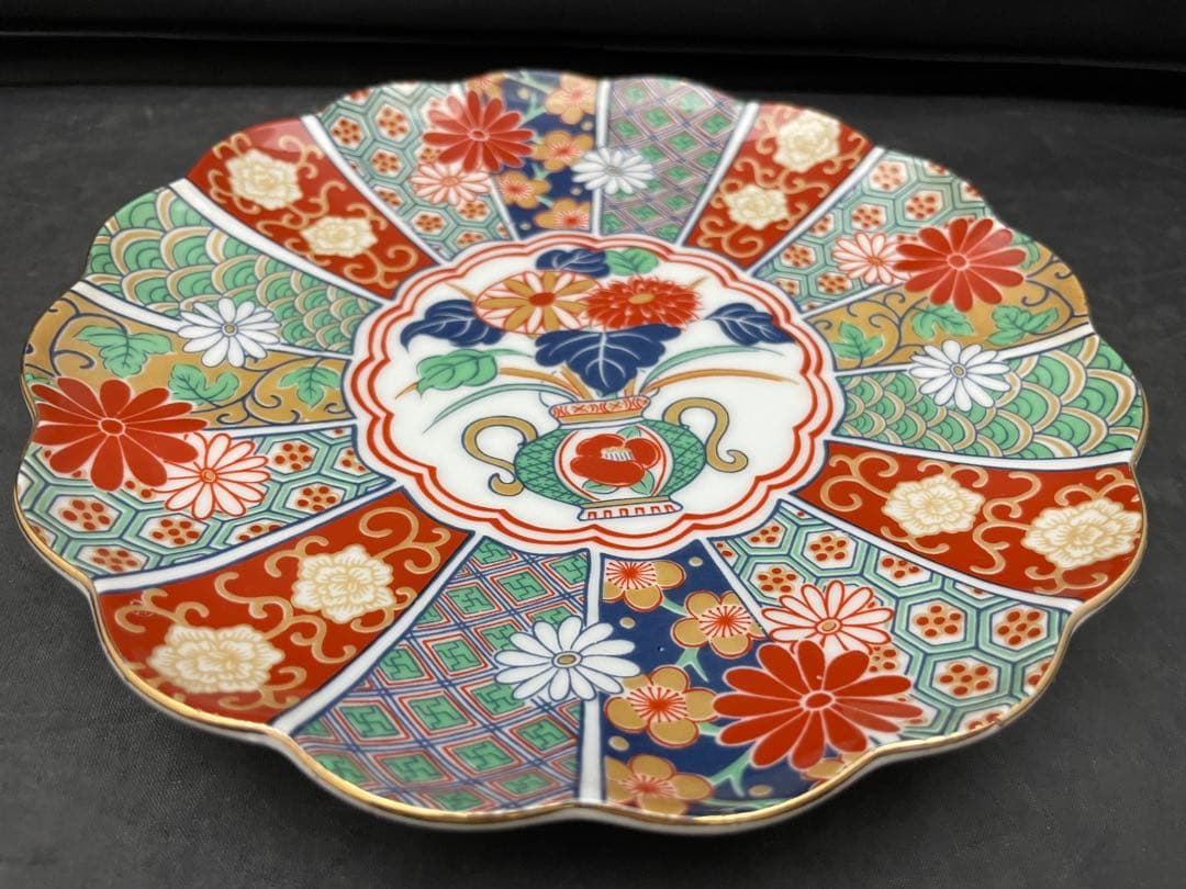 有田焼　陶扇　錦絵　金彩色絵　銘々皿　5枚　菊割皿