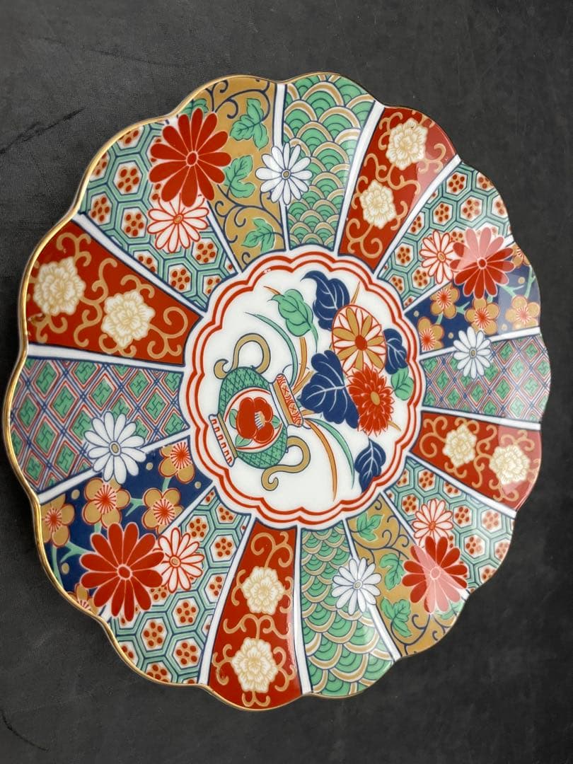 有田焼　陶扇　錦絵　金彩色絵　銘々皿　5枚　菊割皿
