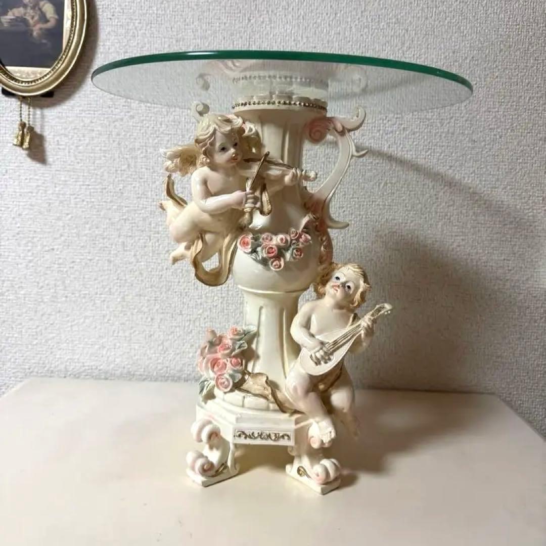 ロココ調 イタリア 天使の彫刻付きヴィンテージミニガラステーブル