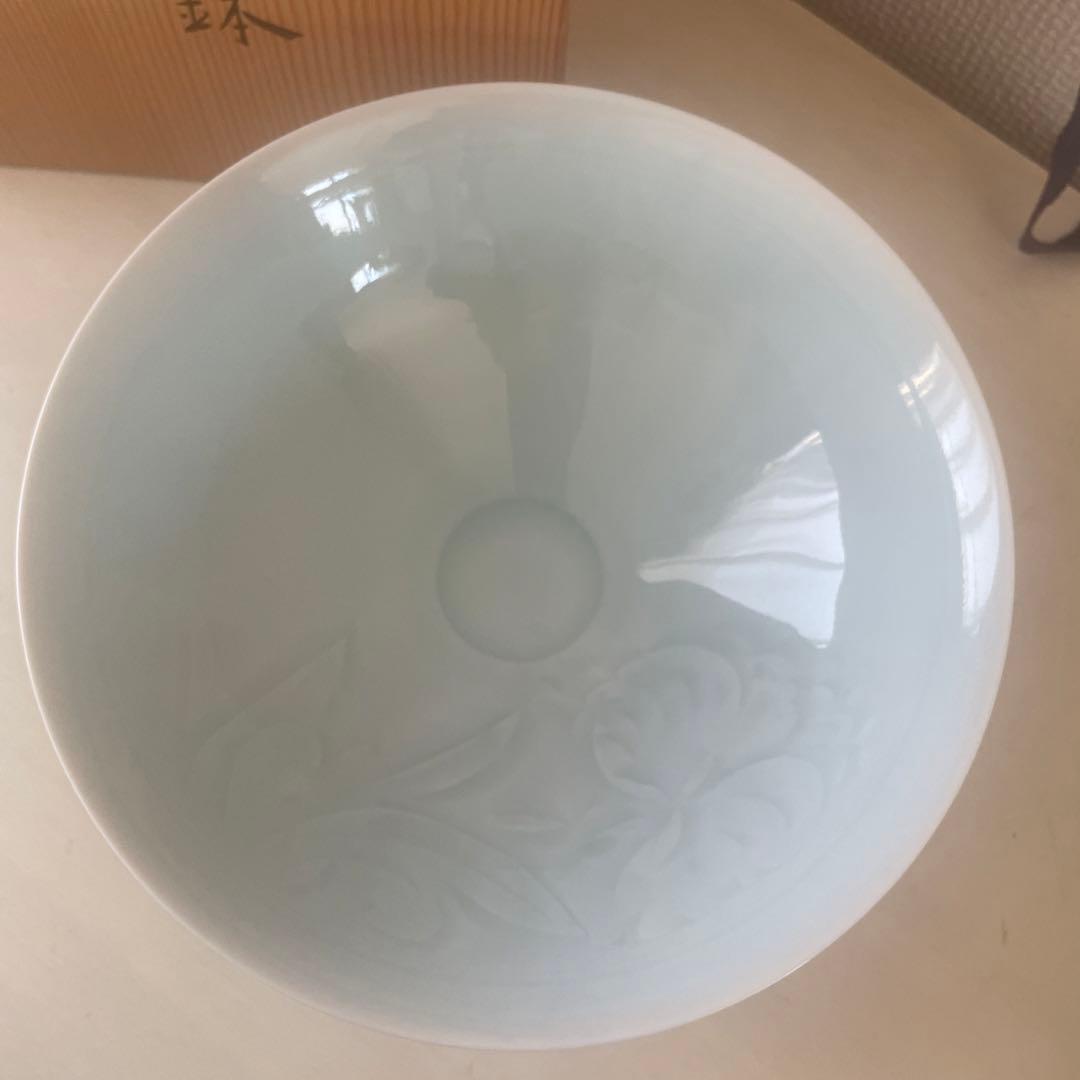 青白磁　牡丹鉢　快山窯　塚本快示　約20センチ　深鉢