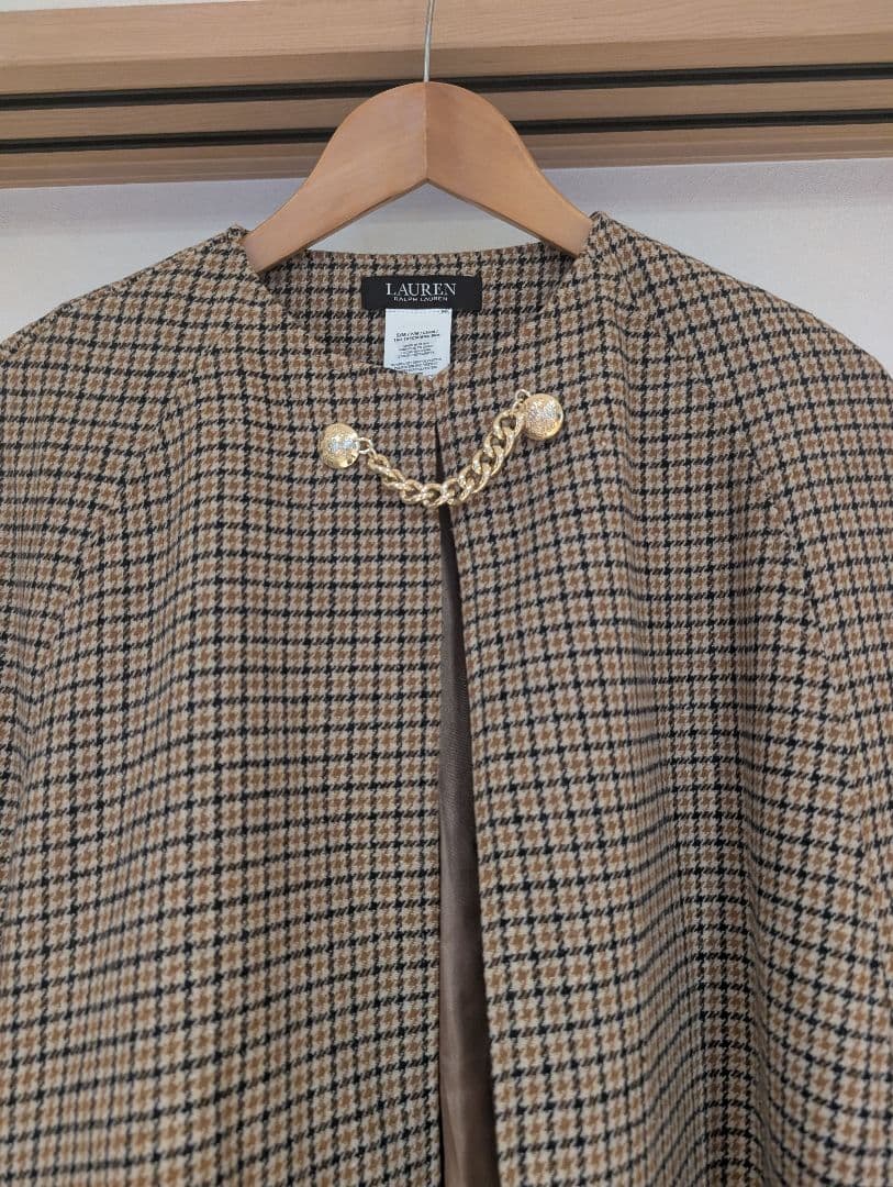 ローレンラルフローレン　ケープコート　ポンチョ　千鳥柄　グレンチェック　金ボタン
