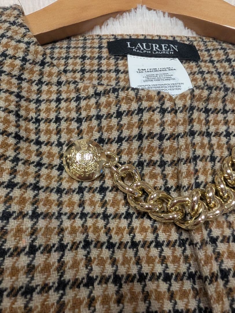 ローレンラルフローレン　ケープコート　ポンチョ　千鳥柄　グレンチェック　金ボタン