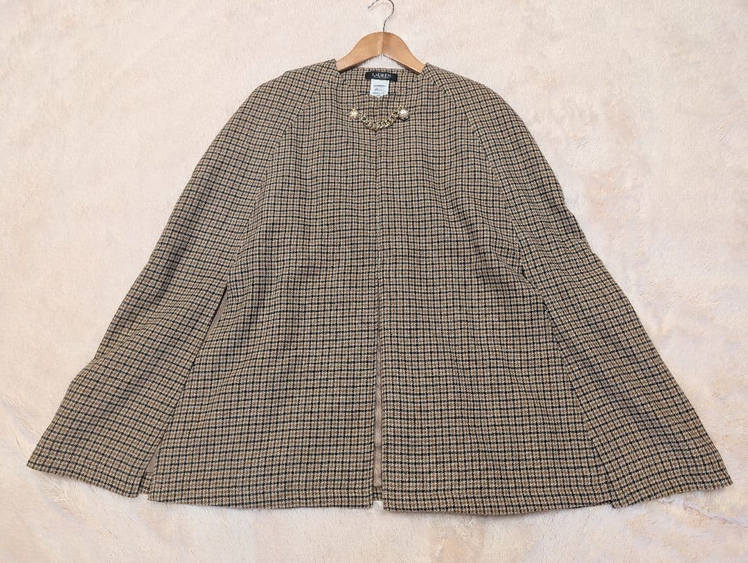 ローレンラルフローレン　ケープコート　ポンチョ　千鳥柄　グレンチェック　金ボタン