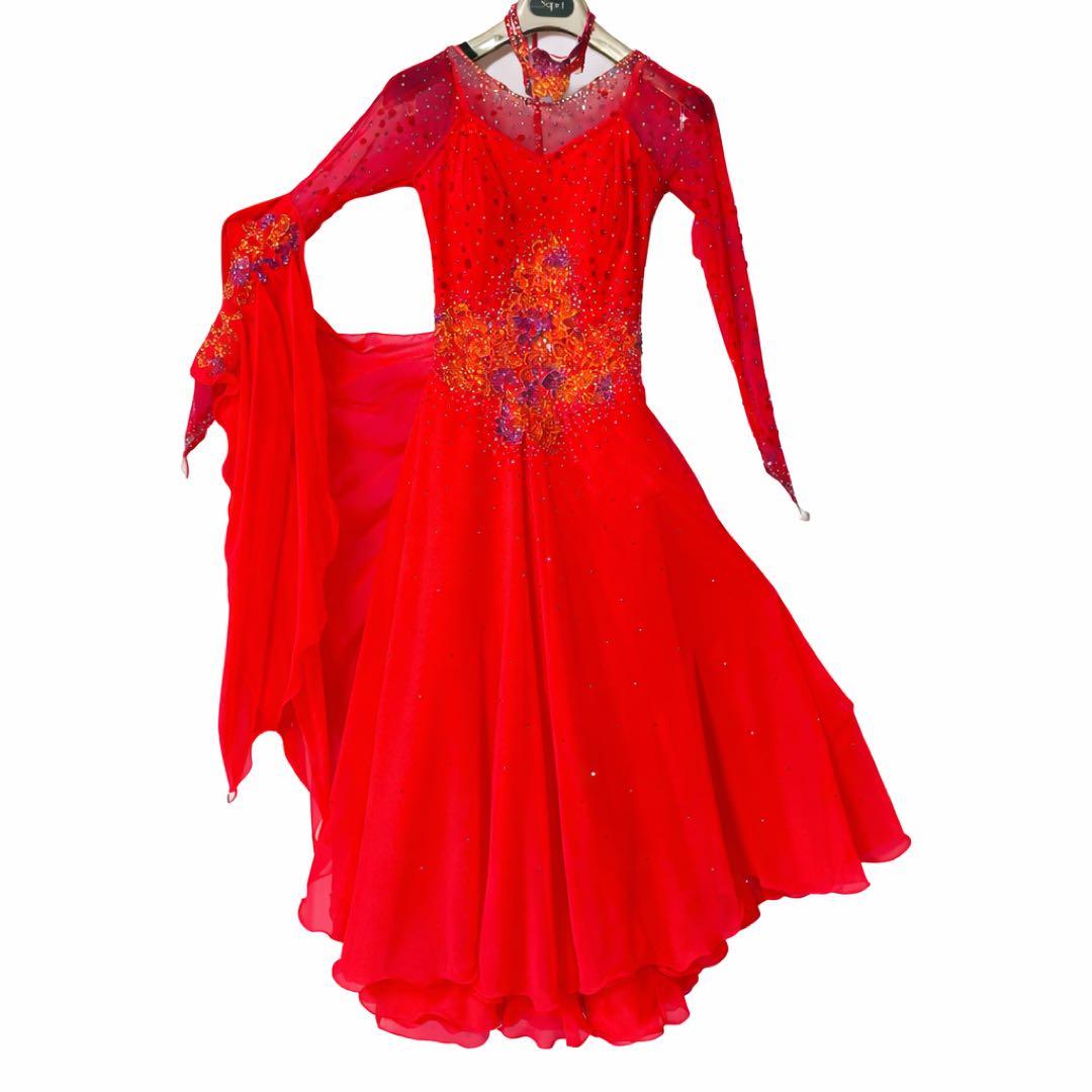 社交ダンスドレス ★ロビンフット製★朱色 6層スカート 競技用 使用3回
