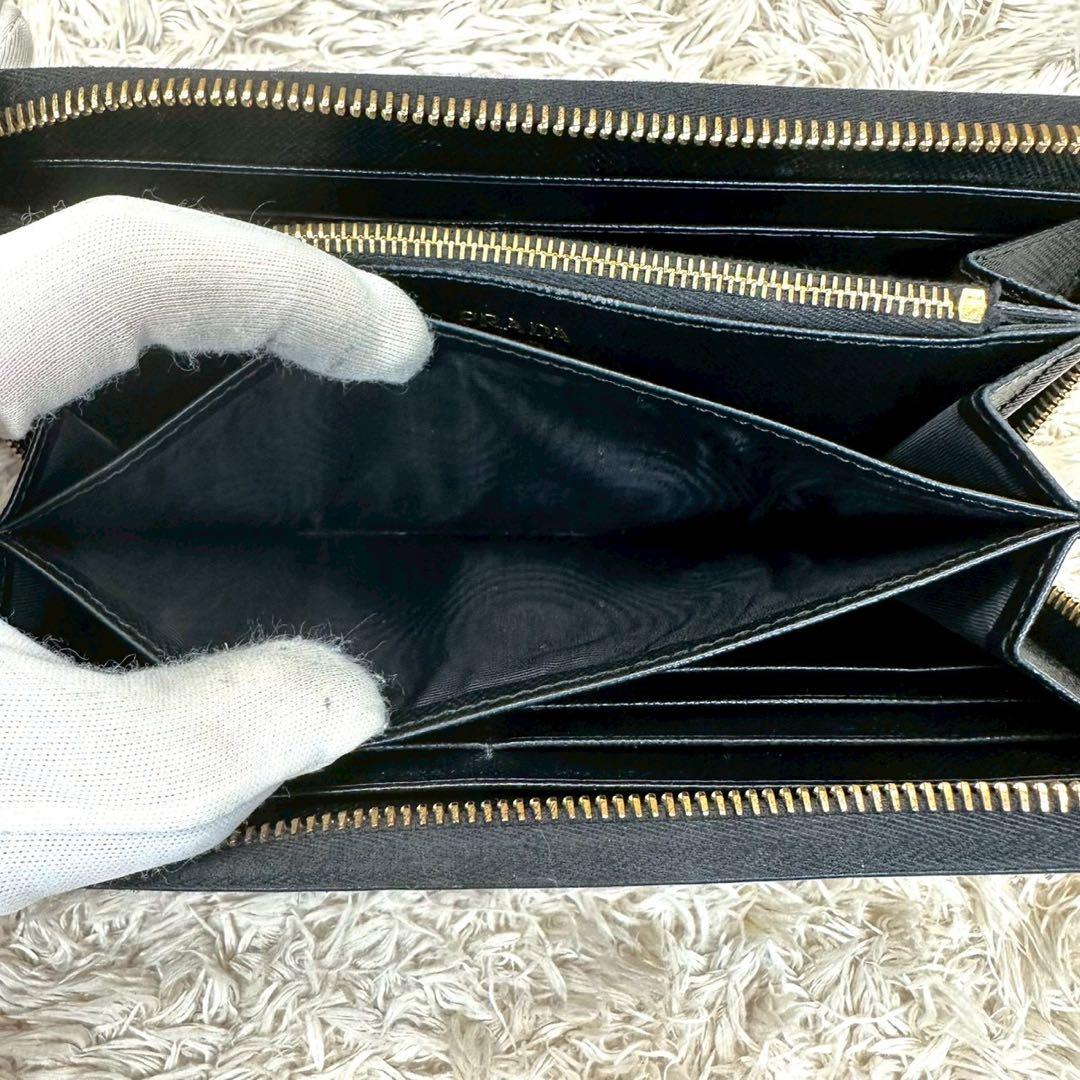 【美品】プラダ 長財布 ラウンドファスナー ブラック シャイン サフィアーノ