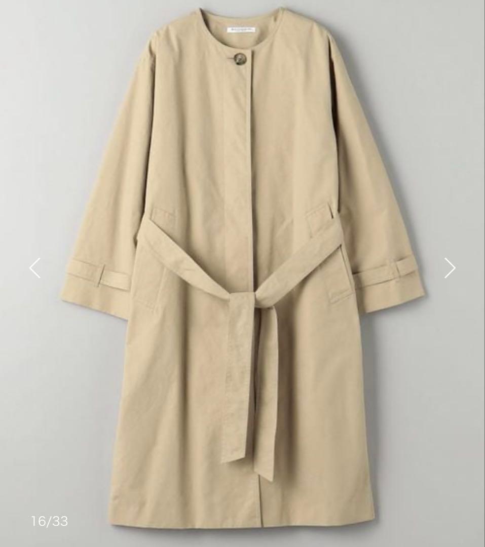 BEAUTY&YOUTH コットンナイロン ノーカラー ベルトコート 撥水加工