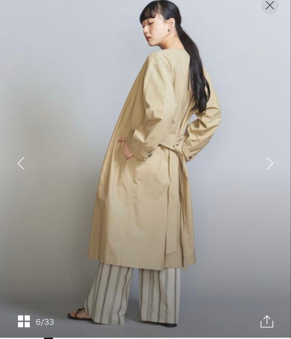 BEAUTY&YOUTH コットンナイロン ノーカラー ベルトコート 撥水加工