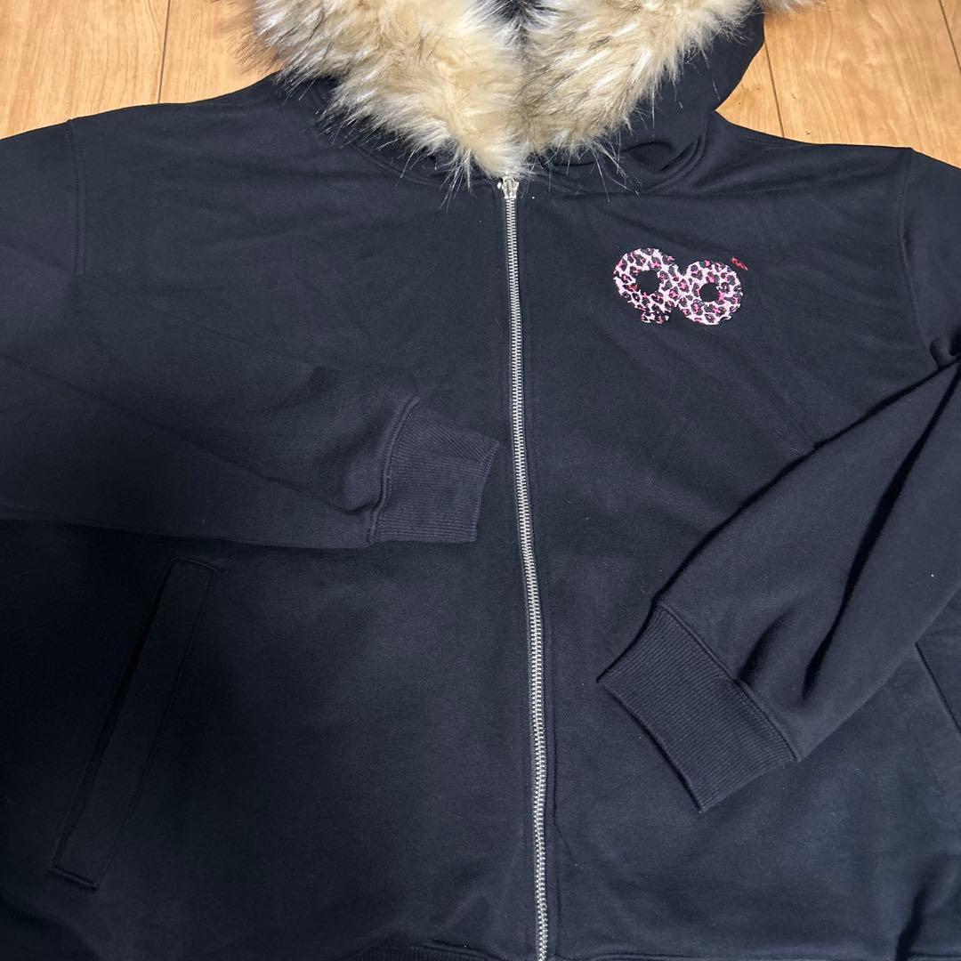 9090 ファー付きパーカー M 黒