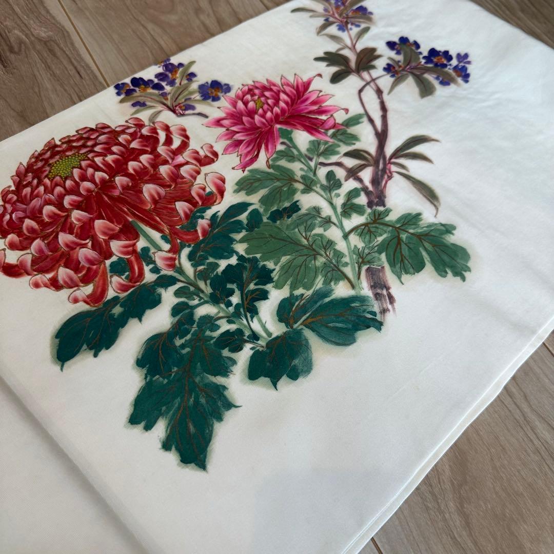 ヴィンテージ　正絹　着物 和服　袋帯　手書き 386 大輪の菊　赤紫　緑