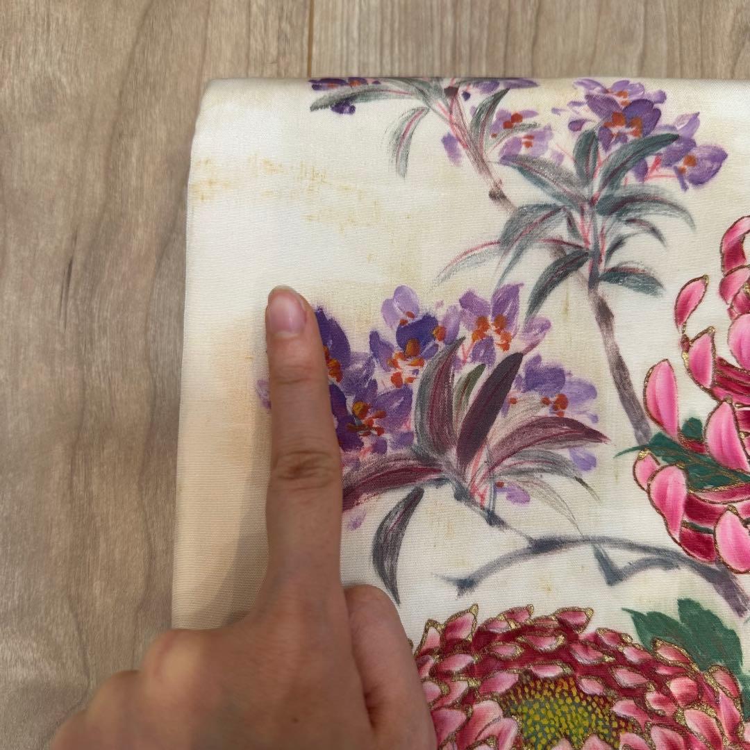 ヴィンテージ　正絹　着物 和服　袋帯　手書き 386 大輪の菊　赤紫　緑