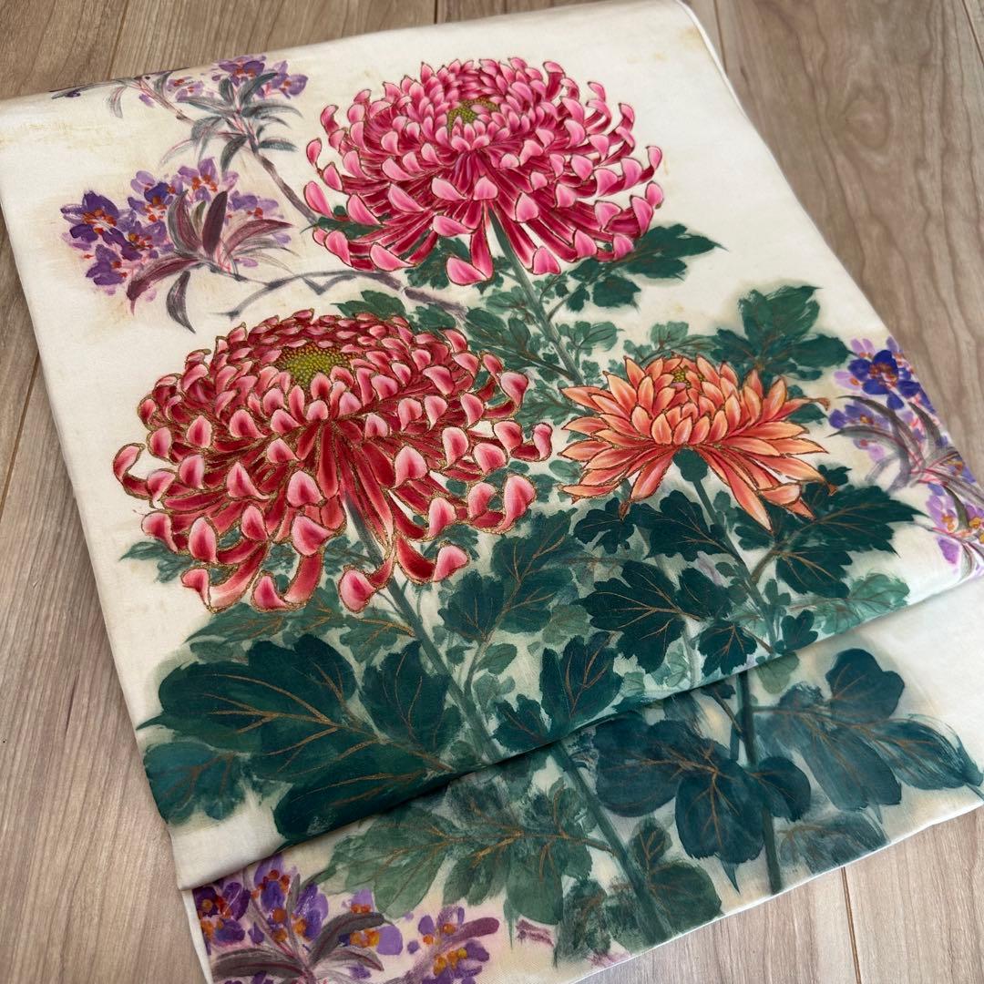 ヴィンテージ　正絹　着物 和服　袋帯　手書き 386 大輪の菊　赤紫　緑