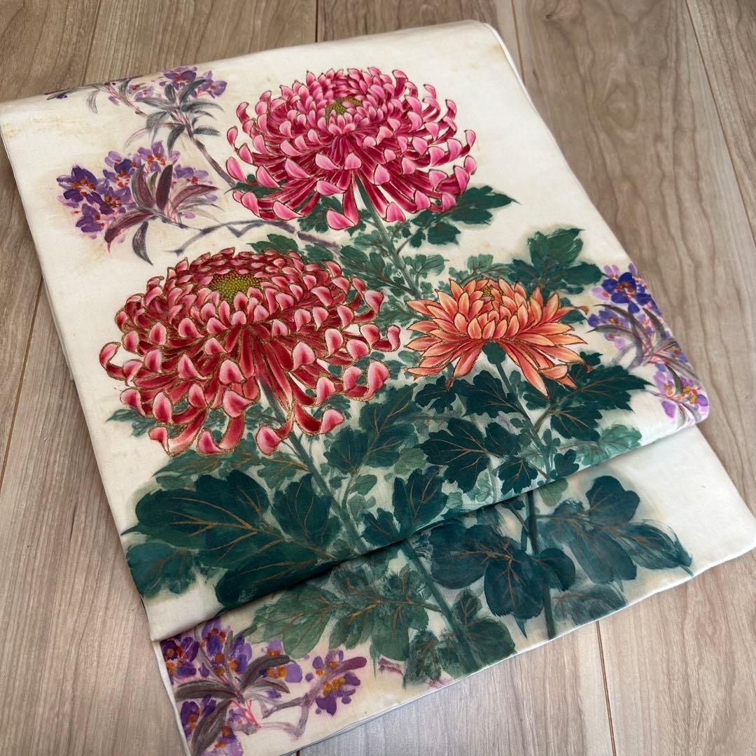 ヴィンテージ　正絹　着物 和服　袋帯　手書き 386 大輪の菊　赤紫　緑