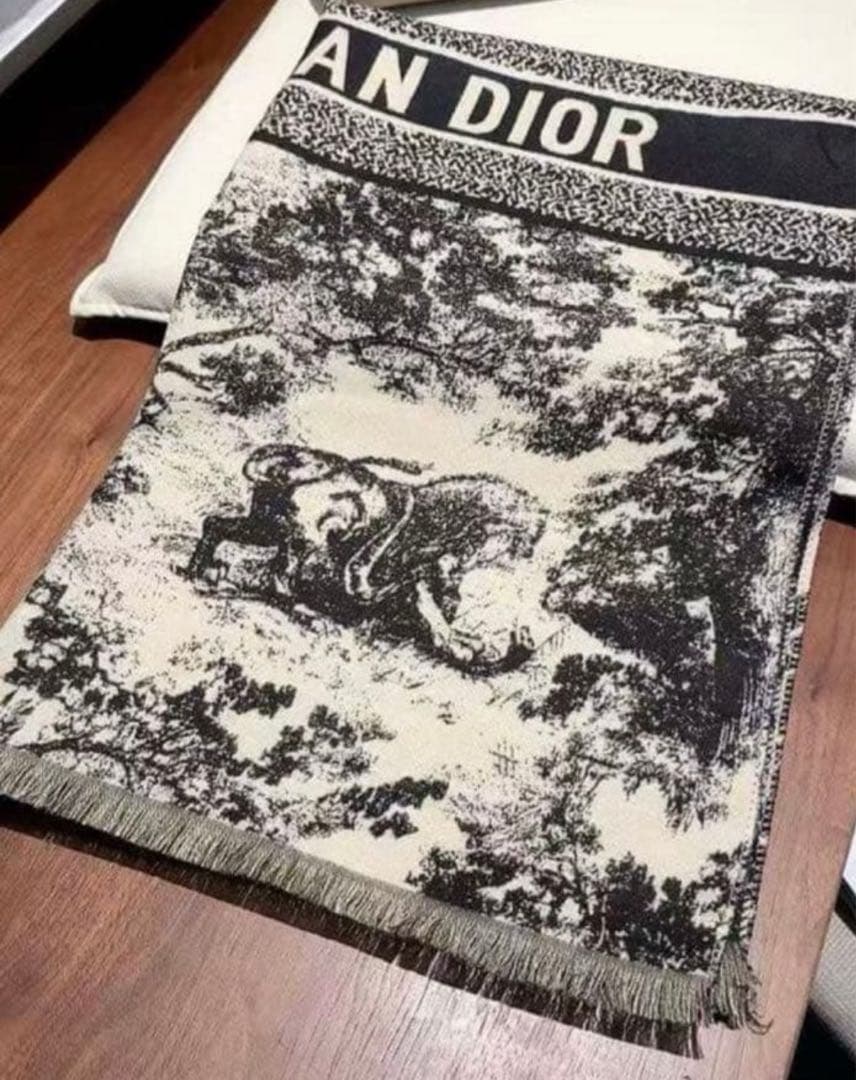 クリスチャンディオール　モノクロ風景画フリンジマフラー