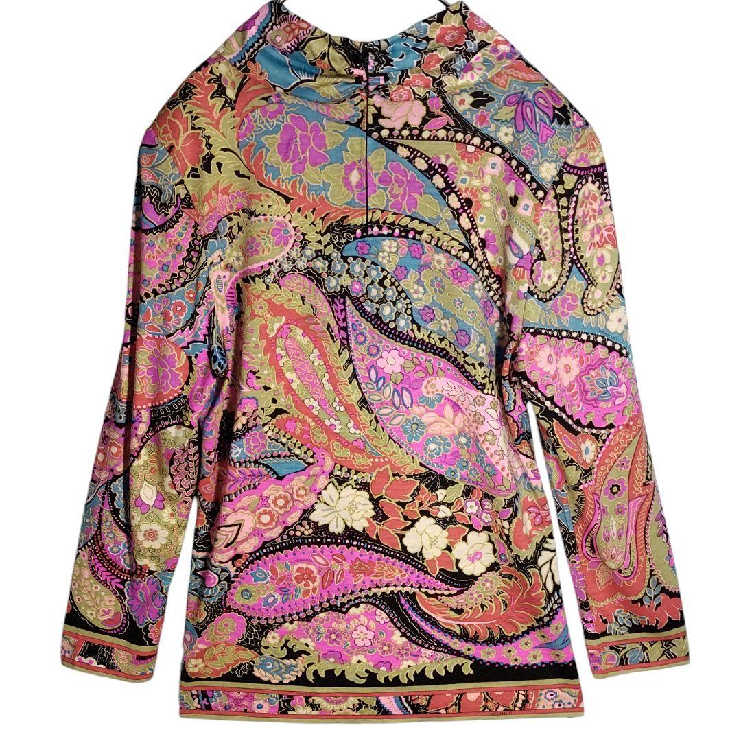 ☆ LEONARD シルク混 ハイネック フラワー&ペイズリー柄 長袖カットソー